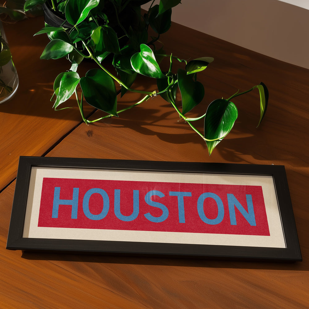 Framed Houston Baby Blue Bus Scroll