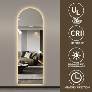 LED Full Length Wall Mirror With Symmetrical Arch Design, 3 Color Dimmable Lighting - Silver