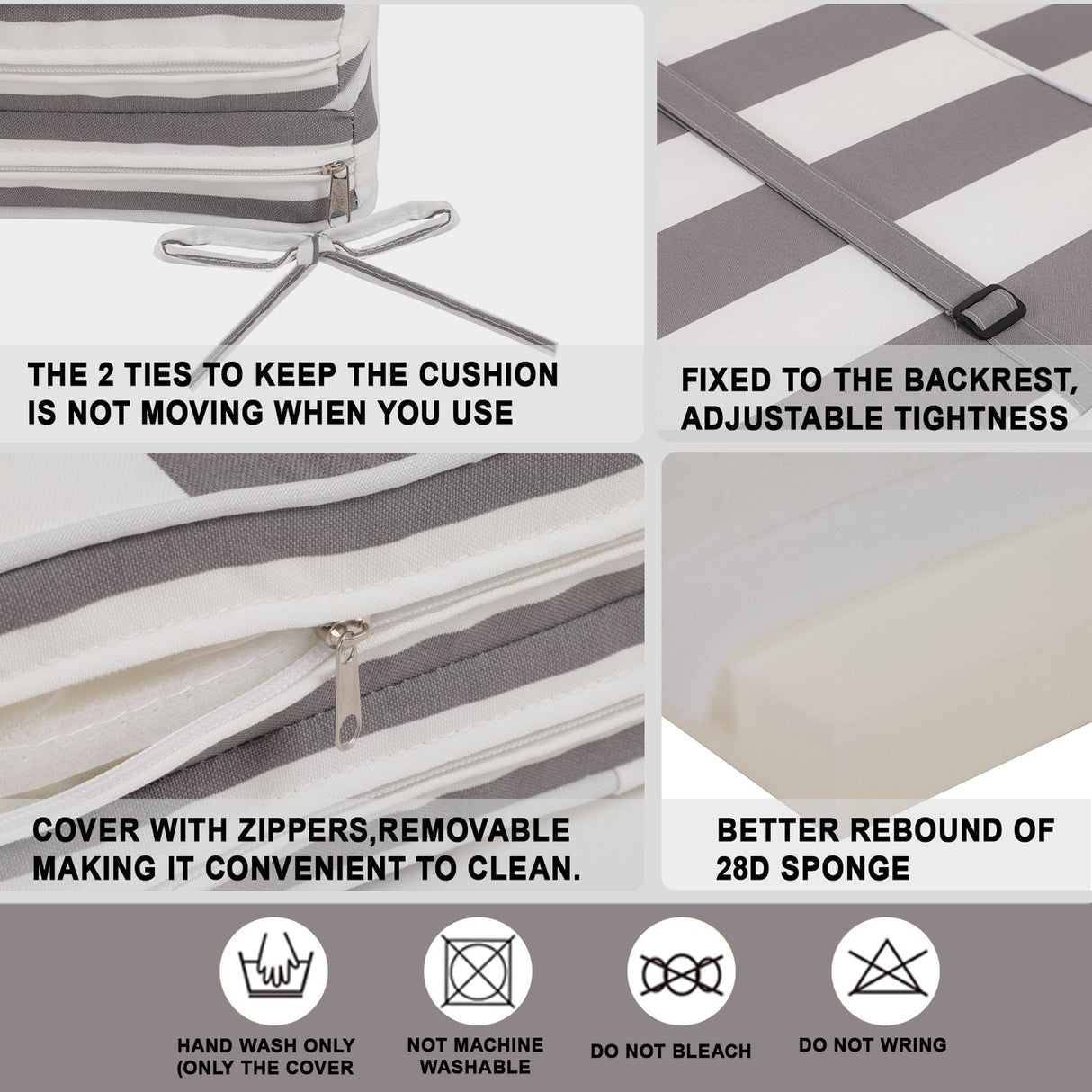 2-Piece Outdoor Chaise Lounge Cushion Set, Grey/White