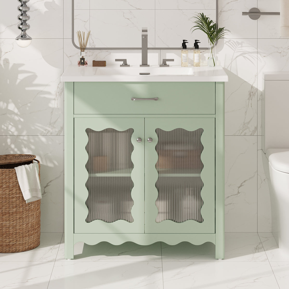 30 Inches Bathroom Vanity with Tempered Glass