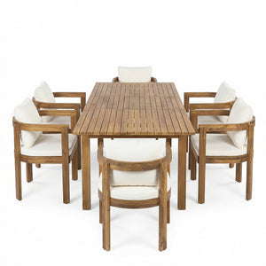 7 Pieces Acacia Wood Outdoor Dining Set with Cream Cushions