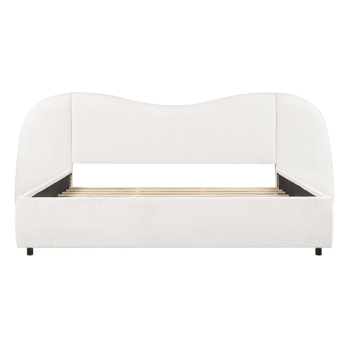 King Size Upholstered Bed Frame With Boucle Fabric Curved And Wide Headboard