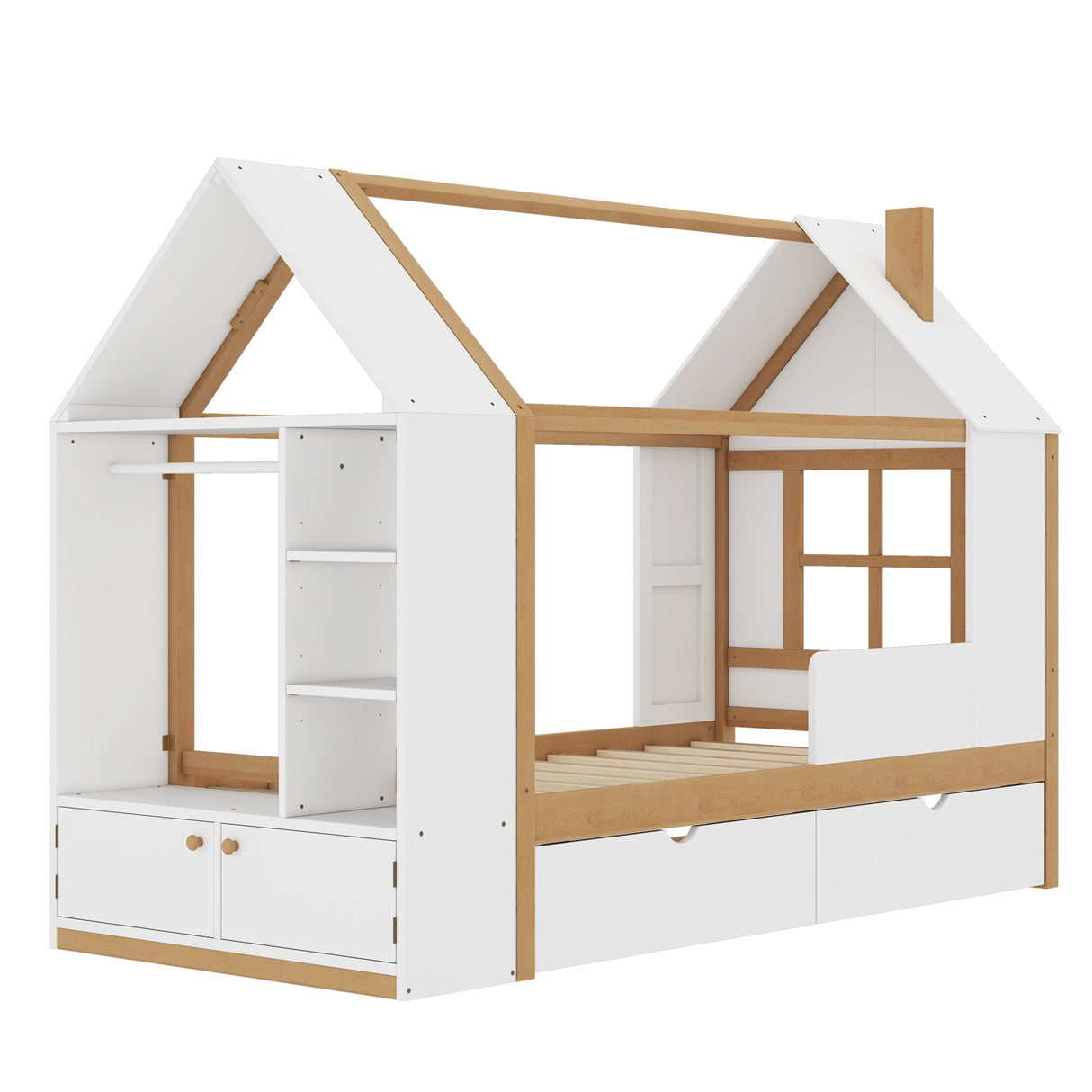 Twin Size House Platform Bed with Drawers, Solid Wood House Bed with Shelves