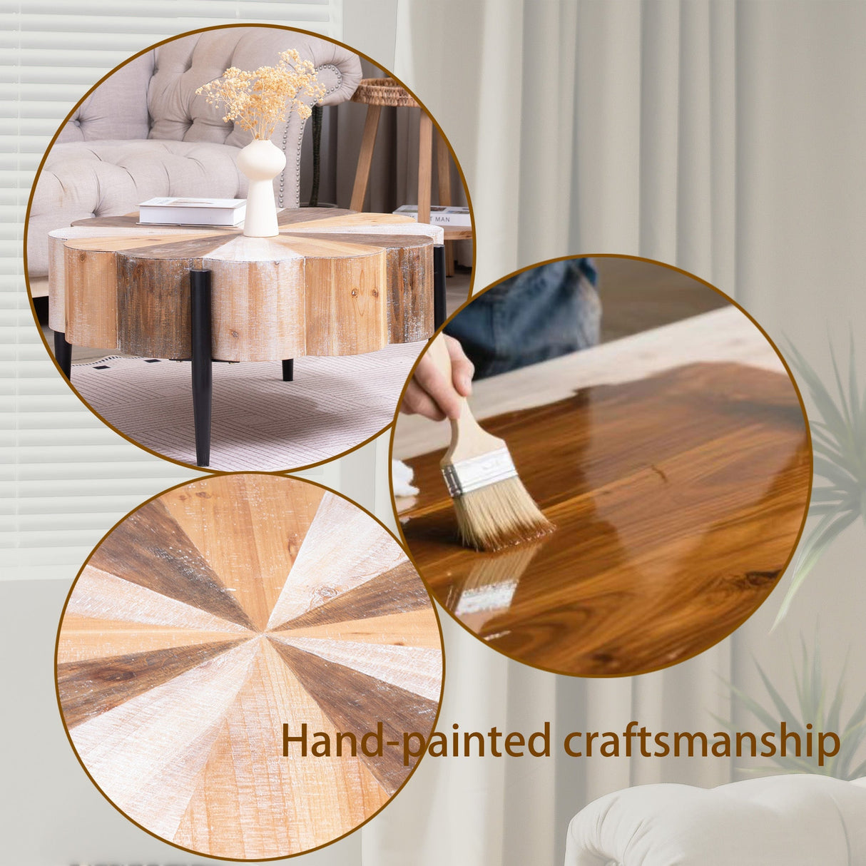 Rustic Manufactured Wood Flower - Shaped Coffee Table with Metal Legs, 31.7' Diameter Vintage Distressed Center Table for Living Room