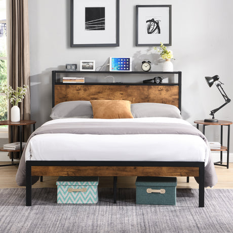 King-Size-Metal-Platform-Bed-Frame-with-Wooden-Headboard-and-Footboard-with-USB-LINER,-No-Box-Spring-Needed,-Large-Under-Bed-Storage,-Easy-Assemble-Beds-&-Bed-Frames