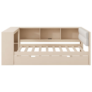 Upholstered Headboard Platform Bed With Storage Shelves, Trundle, Charging Station