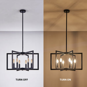 22' Modern Black Geometric 6-Light Chandelier – Industrial Metal Pendant Light Fixture for Living Room, Dining Room, or Kitchen (Bulb Not Included)