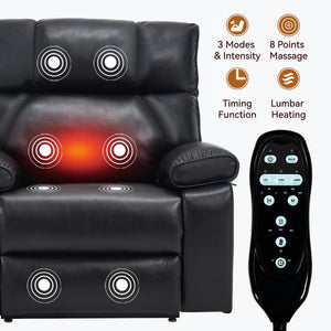 Black Leatheraire Heat Massage Recliner with Lumbar Heat - Black