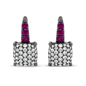 Black Rhodium Plated 18K White Gold 7/8 Cttw Round Diamond and Graduated Red Ruby Drop Earrings (F-G Color, VS1-VS2 Clarity)