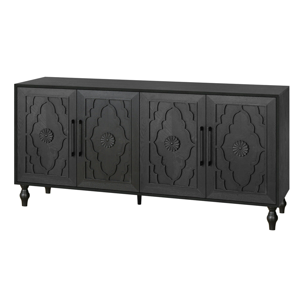 Carved flower door large storage cabinet with metal handle (black)