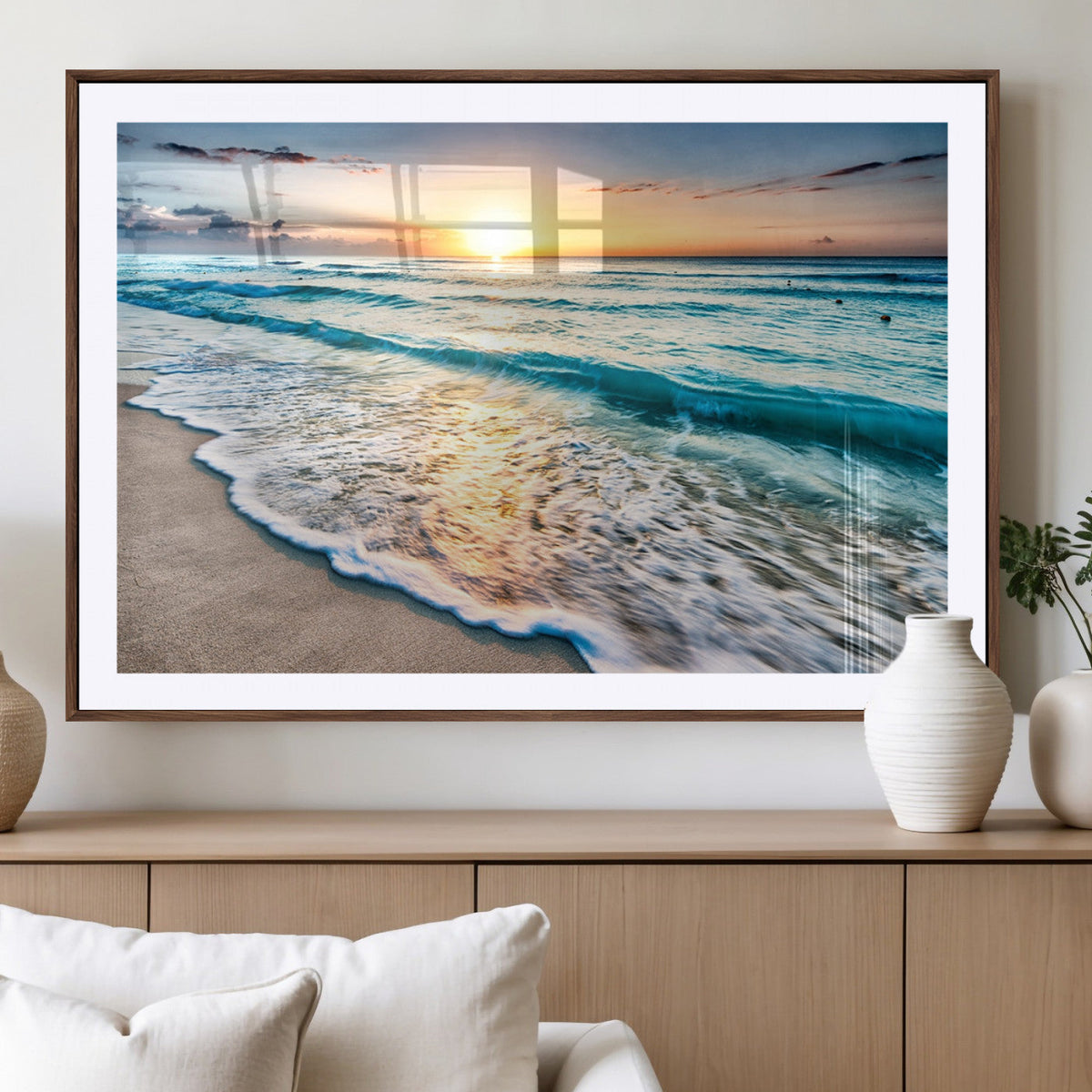 Sunset Beach Waves Canvas Wall Art – 5-Panel Ocean Sunset