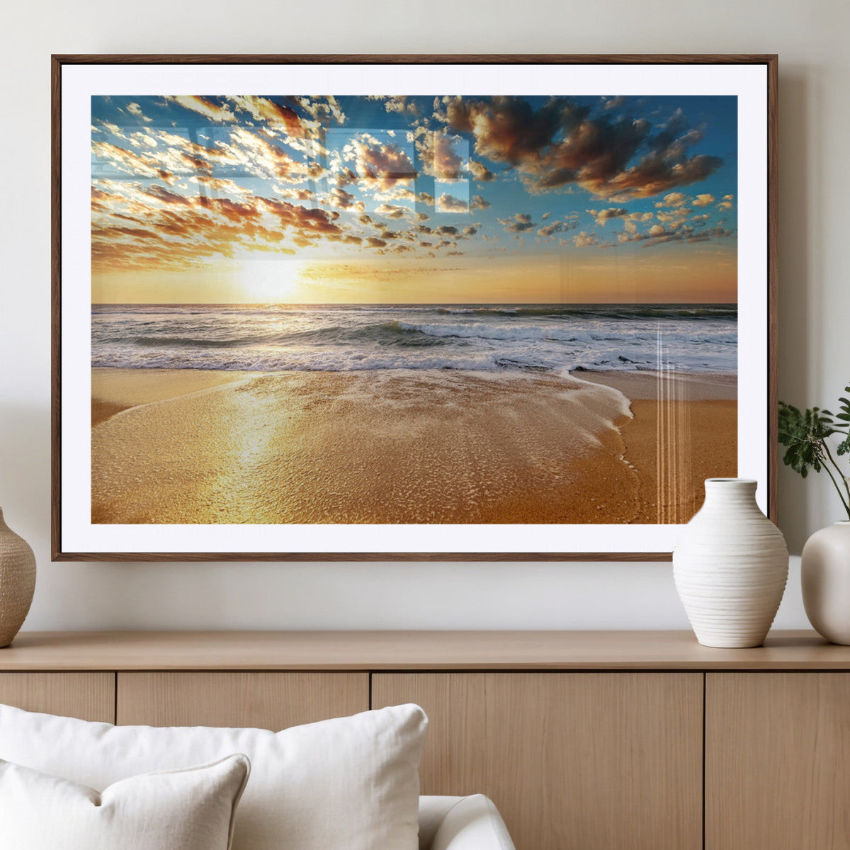 Golden Sunset Beach Print Canvas Wall Art, Giclee Canvas