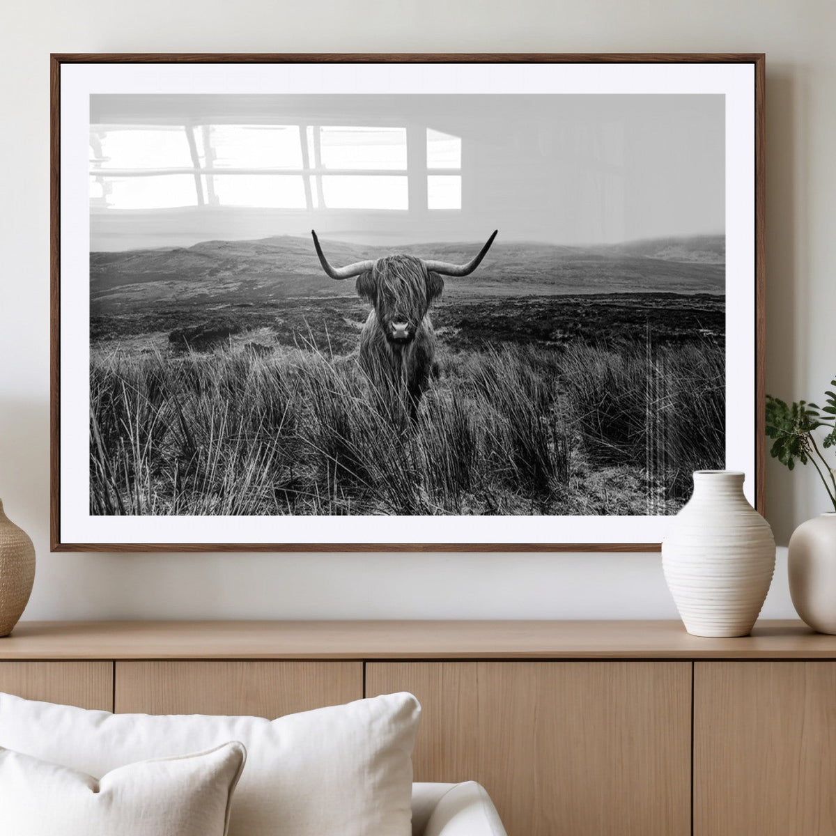 Black and White Highland Cow Canvas Wall Art, Longhorn