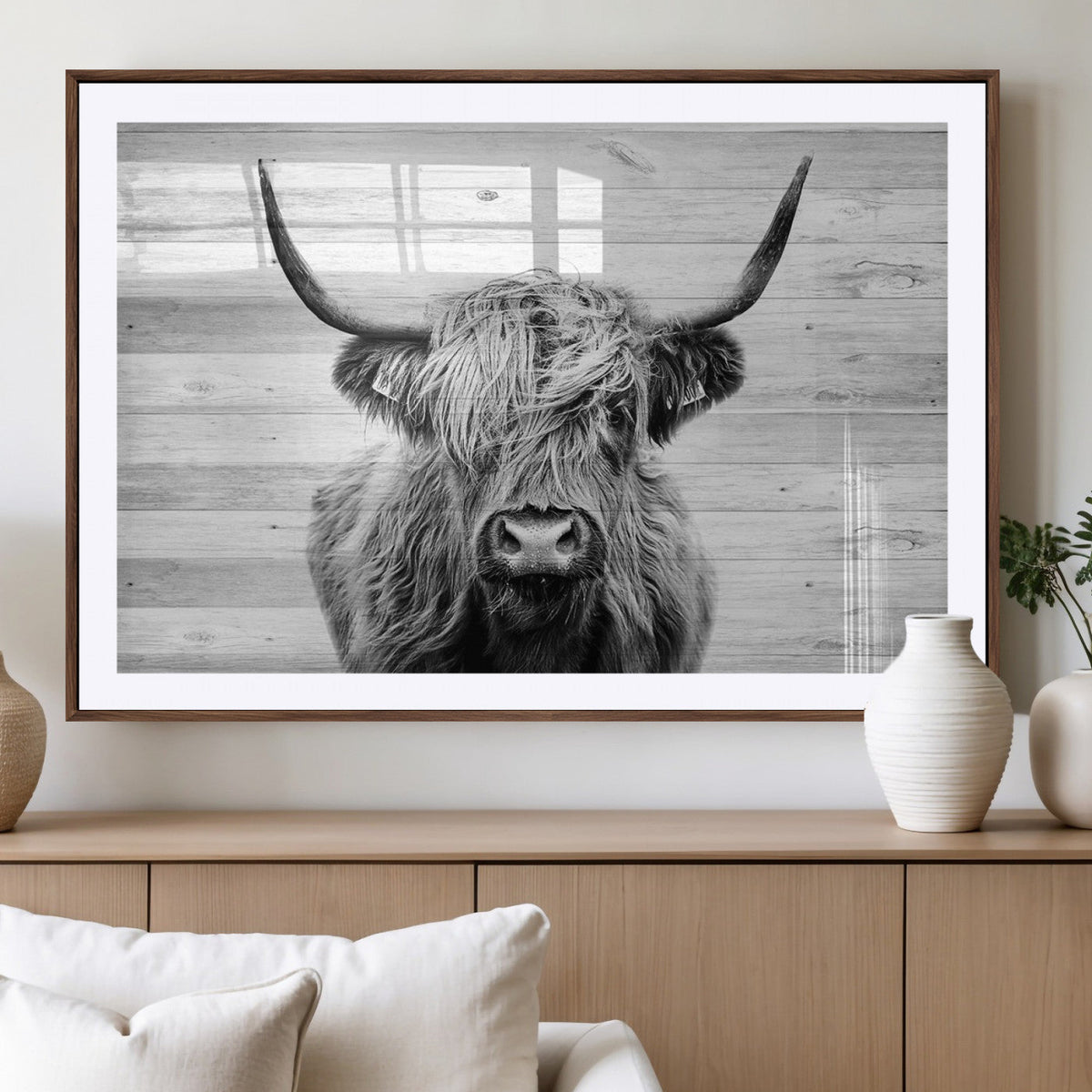 Scottish Highland Cow Cattle Art Print on Wood Background