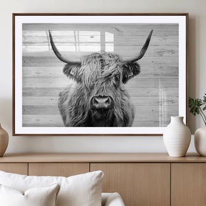 Scottish Highland Cow Cattle Art Print on Wood Background