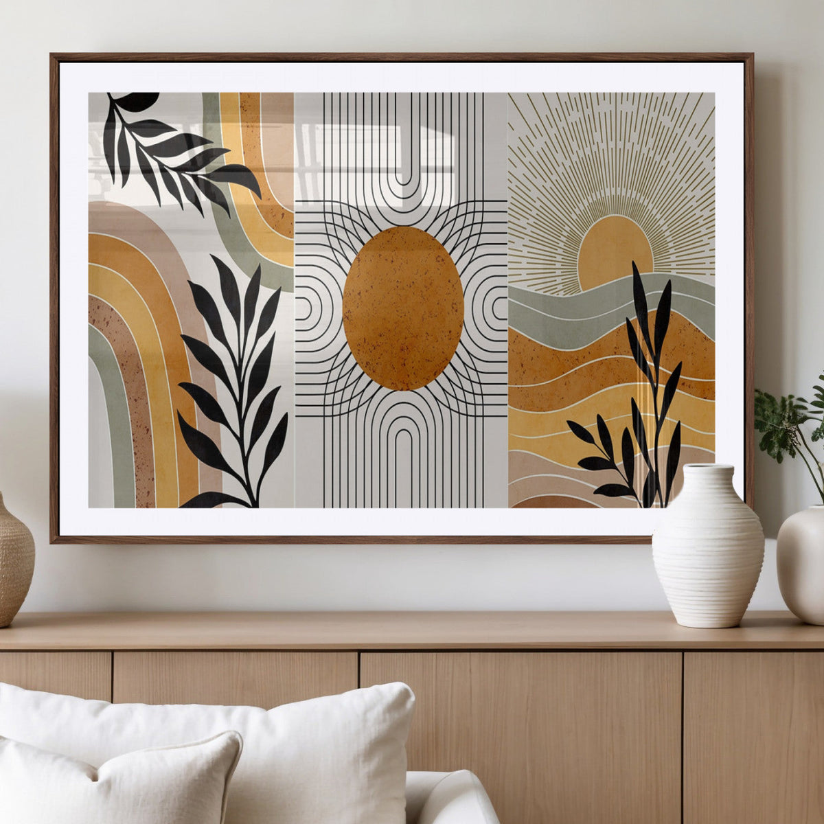 Modern Boho Sun and Leaf Abstract Art – 3-Panel Giclée