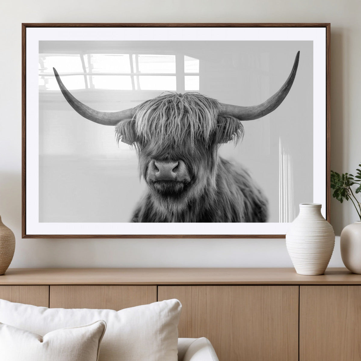 Grayscale Scottish Highland Cow Cattle Art Print Farmhouse
