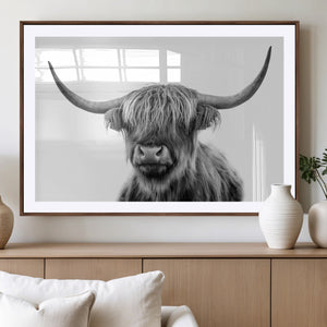 Grayscale Scottish Highland Cow Cattle Art Print Farmhouse