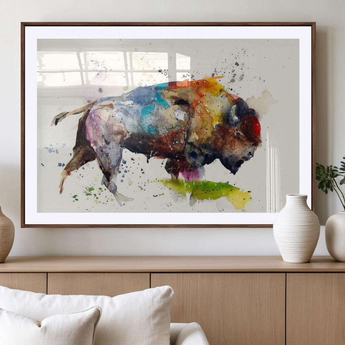 Abstract Buffalo Wall Art, Western Watercolor Bison Canvas
