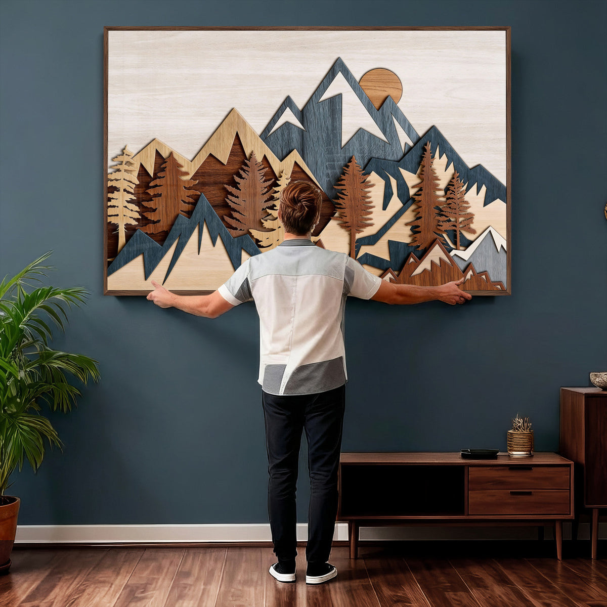 Rustic Abstract Wood Panel Effect Canvas Mountain Range Top