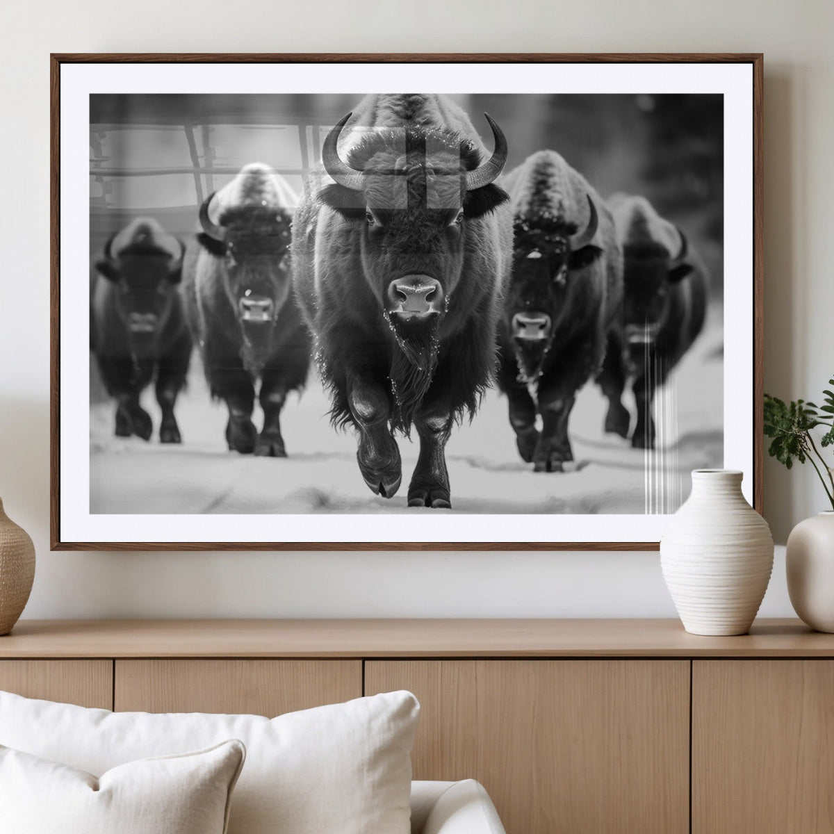 American Bison Art | Buffalo Herd Wall Art Canvas Print, BW