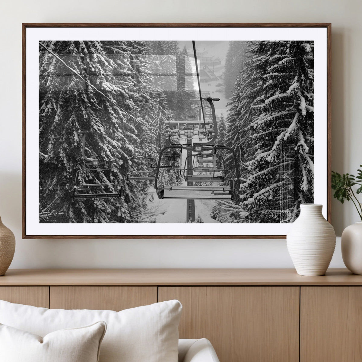 Winter Ski Lift Black and White Canvas Wall Art – Alpine