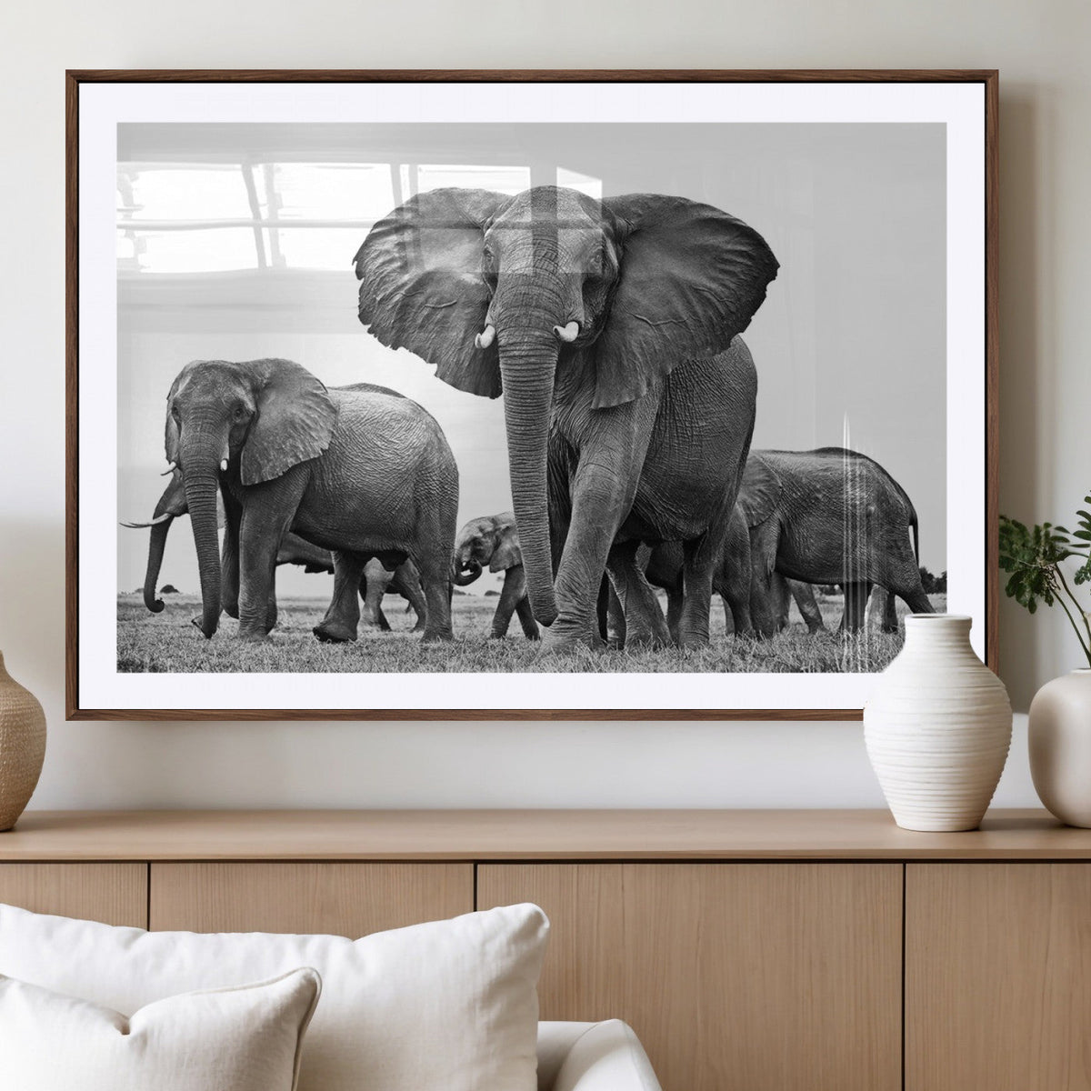 Black White Elephant Family Wall Art Canvas Print