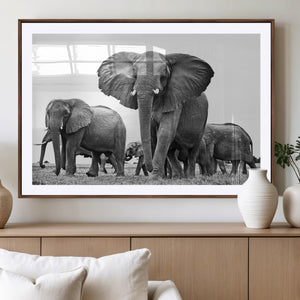 Black White Elephant Family Wall Art Canvas Print