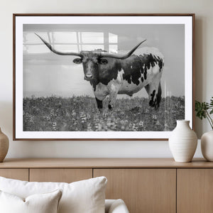 Texas Black White Highland Longhorn Cow Wall Art Canvas