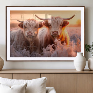 Highland Cows at Sunrise Wall Art Canvas Set – Serene and