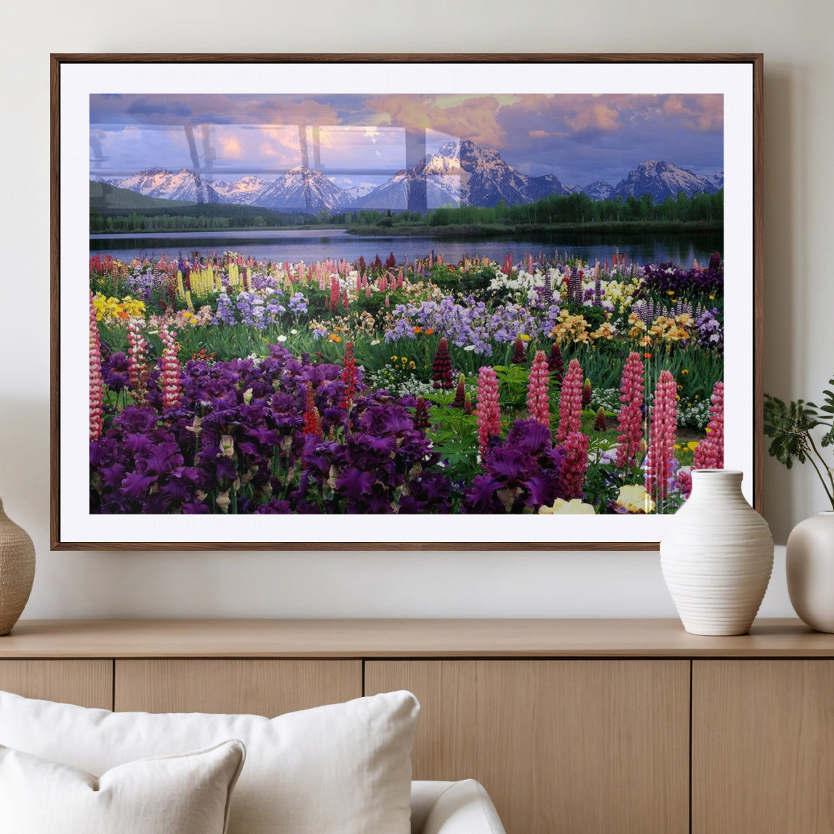Vibrant Wildflower Garden and Mountain View Giclee Canvas