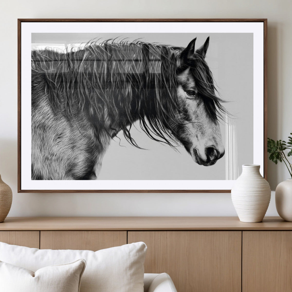 Majestic Horse Wall Art – Framed Black White Portrait Canvas