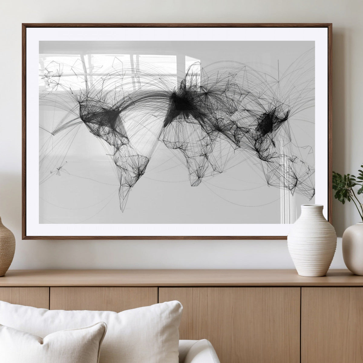 Abstract World Map Wall Art – Framed Geometric Line Canvas