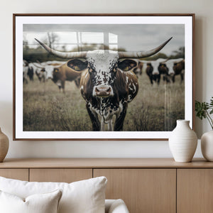Texas Longhorn Wall Art – Framed Speckled Cow Canvas