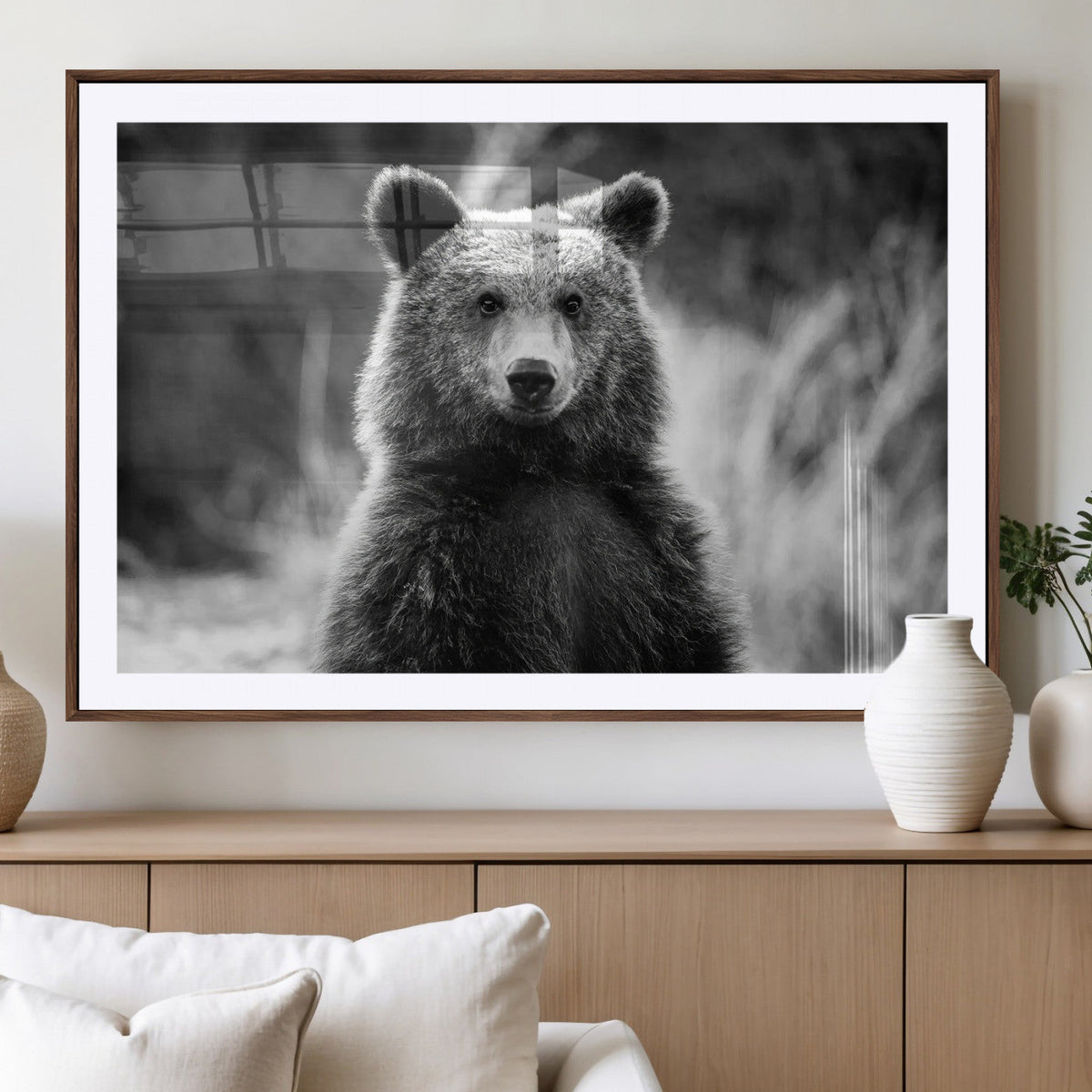 Grizzly Bear Wall Art Canvas Print – Framed Black White
