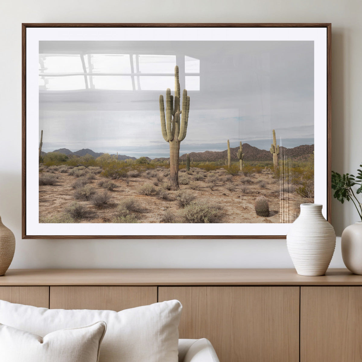 Saguaro Cactus Wall Art – Framed Desert Canvas Artwork,