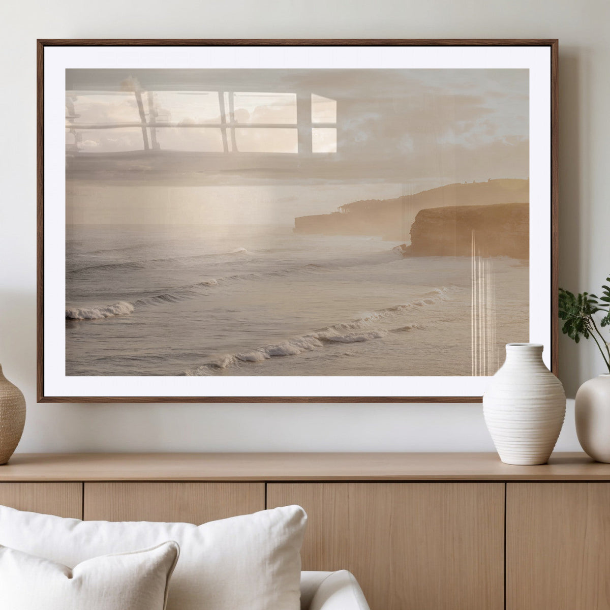 Misty Coastal Wall Art Canvas Print – Framed Golden Sunset