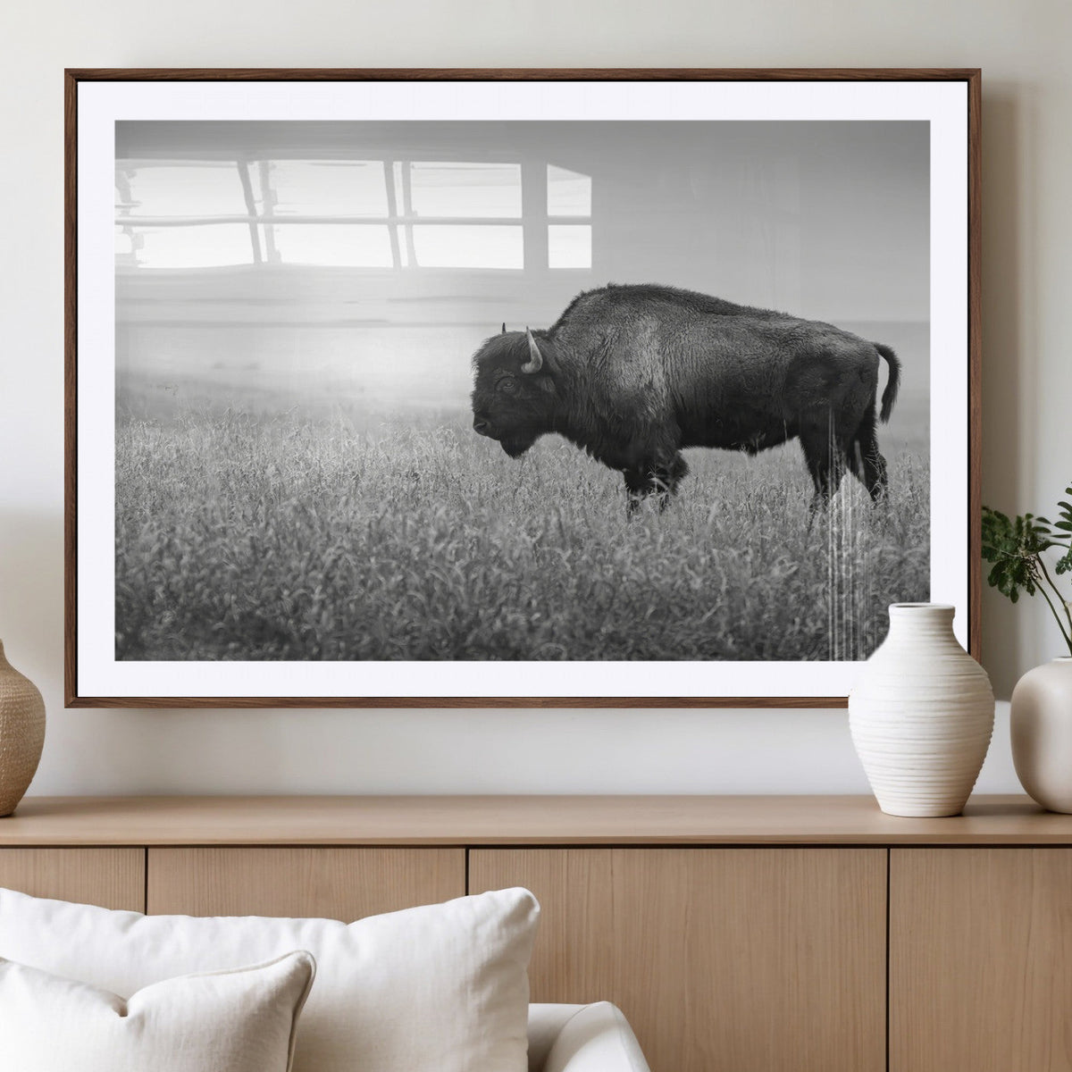 Bison in Prairie Wall Art Canvas Print – Framed Rustic