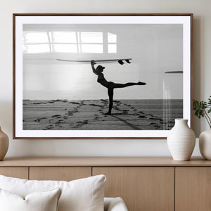 Yoga Surf Wall Art Canvas Print – Framed Black White Shore
