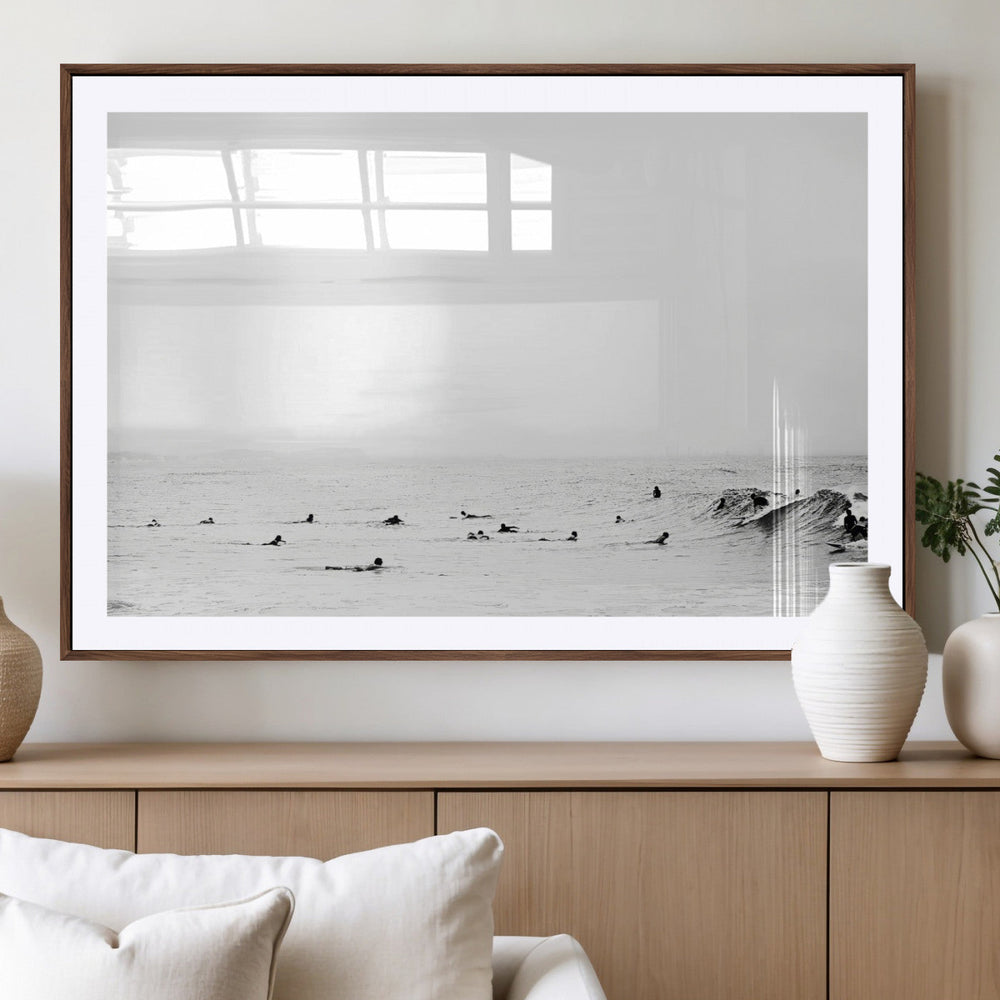 Monochrome Swimming Wall Art Canvas Print – Framed Ocean