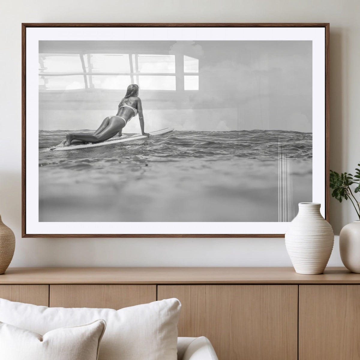 Black and White Surfing Wall Art Canvas Print – Framed Ocean