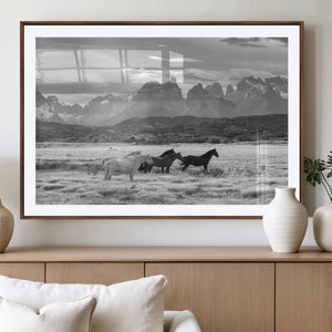 Wild Horses Wall Art Canvas Print – Framed Black and White