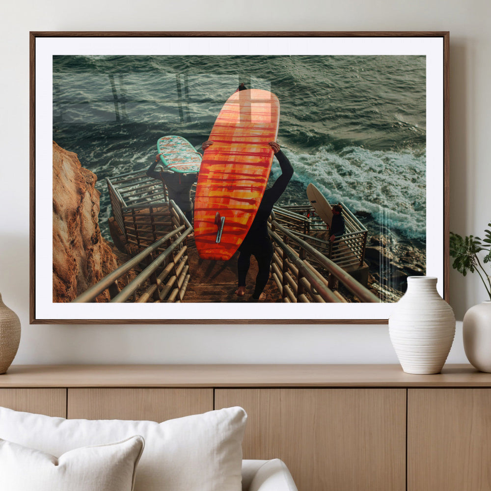 Surfer Stairway Wall Art Canvas Print – Framed Ocean Surf