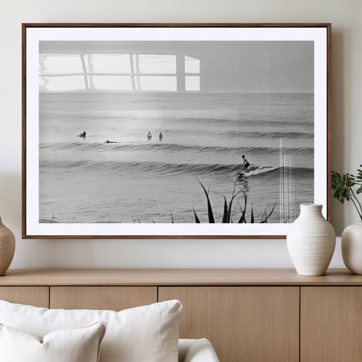 Surfer Silhouette Wall Art – Framed Calm Ocean Monochrome