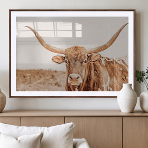 Texas Longhorn Wall Art Canvas Print – Framed Sepia Cow Art