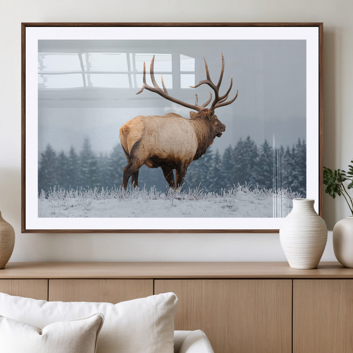 Elk Wall Art Canvas Print – Framed Snowy Forest Scene Art