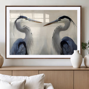 Blue Heron Pair Wall Art Canvas Print, Framed Coastal Bird
