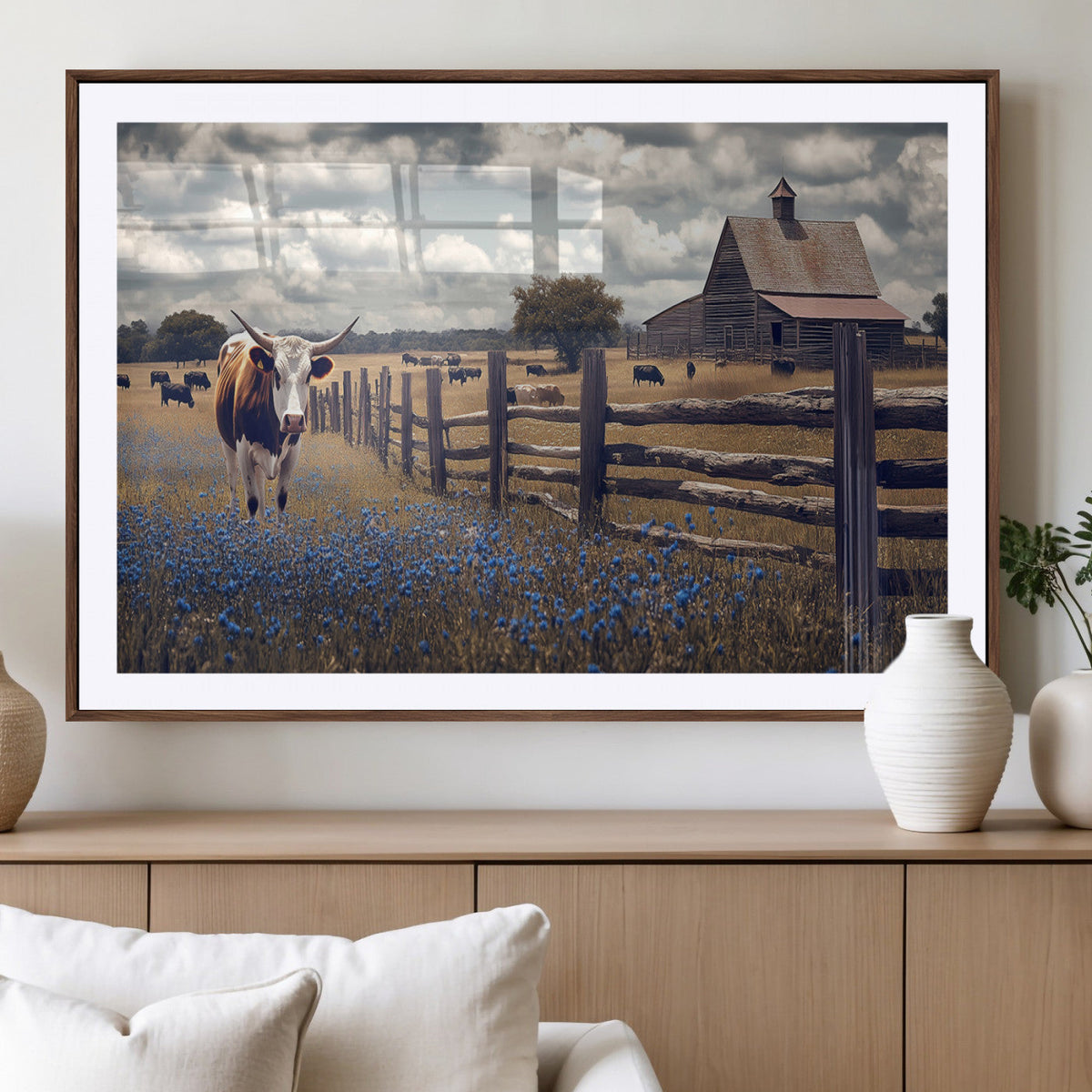Texas Longhorn Canvas Wall Art Print – Framed Rustic Barn