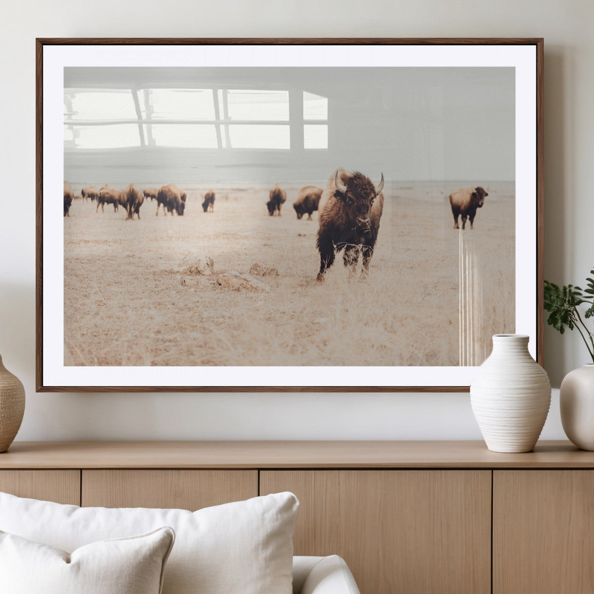 Bison Herd Wall Art Canvas Print, Framed Western Landscape