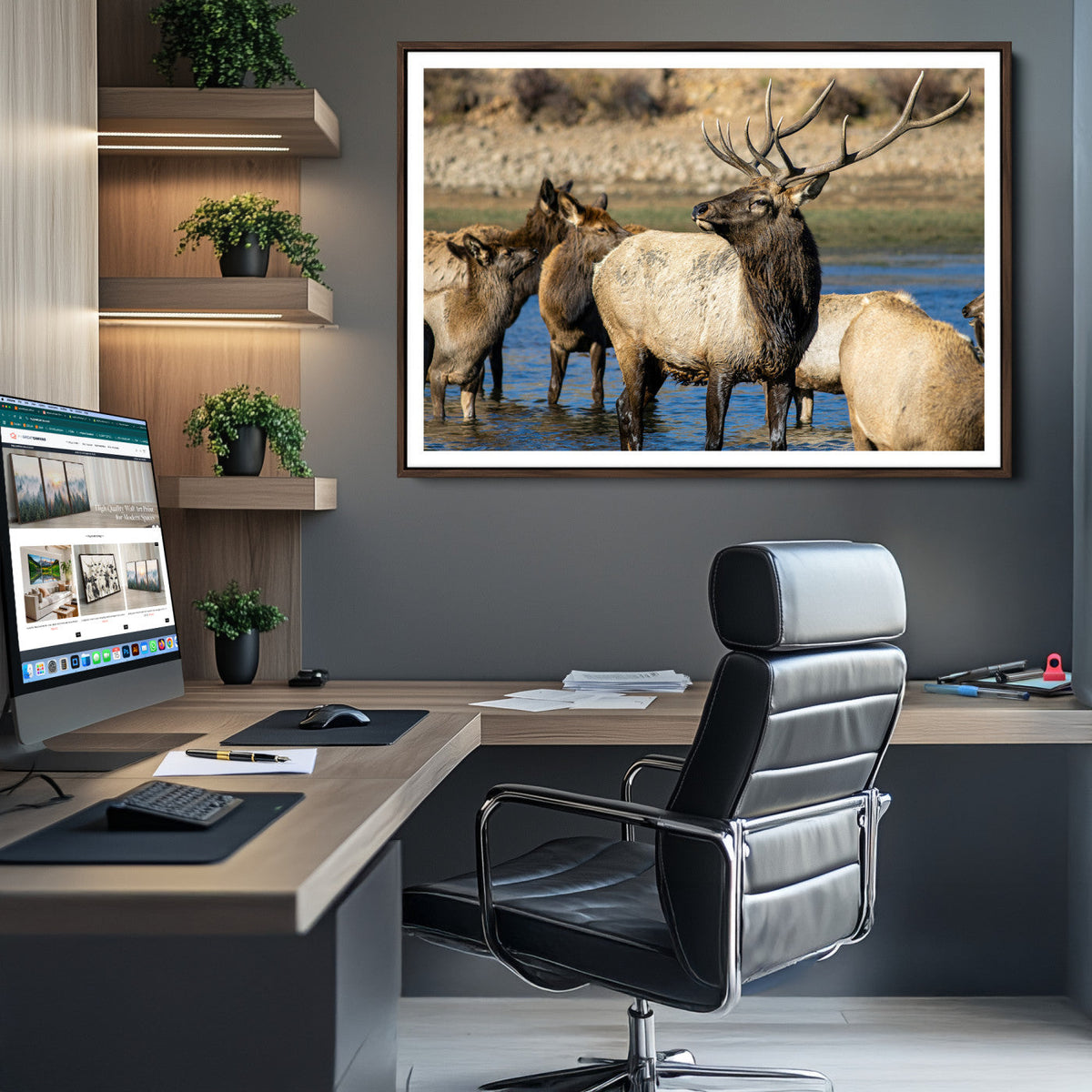 Wild Elk Wall Art Canvas Print – Framed Neutral Wildlife